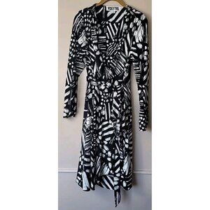 Vicky Tiel Dress SzL Black White Wrap Waterfal Long Sleeve V-Neck Stretch Slinky